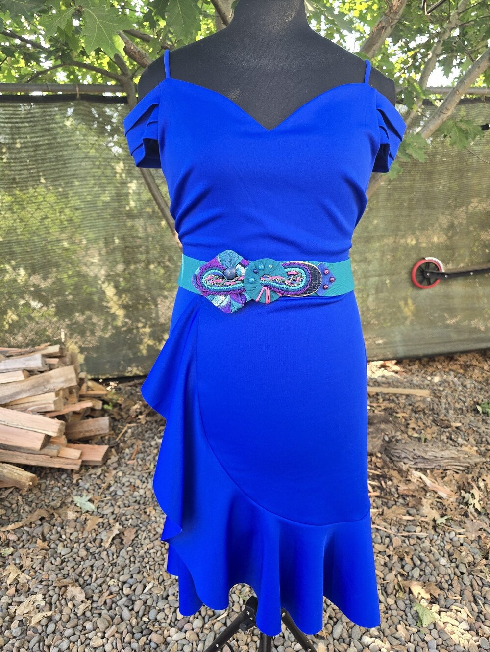 Cobalt Blue Off-Shoulder Ruffle Midi Dress Chic Cocktail Glam Modern Romantic